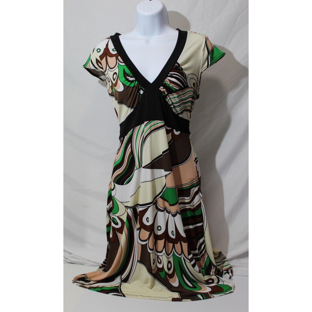 Vtg Candy Rain Women's M Multicolor Retro Midi Dress Tie Back V-neck Cap Sleeve